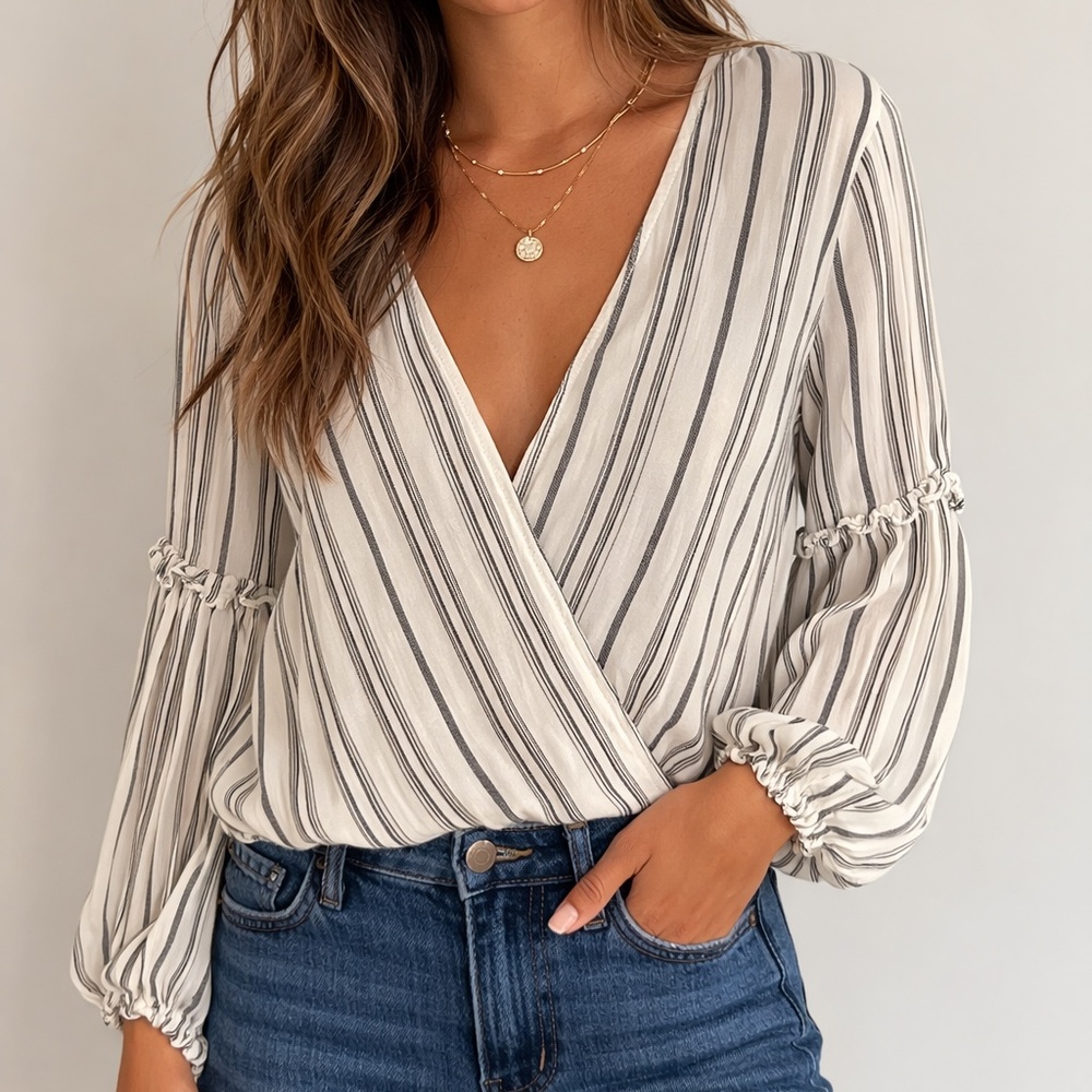 Striped Wrap Blouse – Flowy Boho Sleeve Top